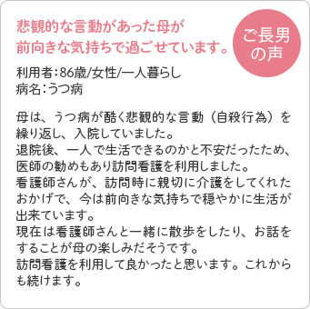 悲観的な言動があった母が前向きな気持ちで過ごせています。利用者：86歳/女性/一人暮らし/病名：うつ病